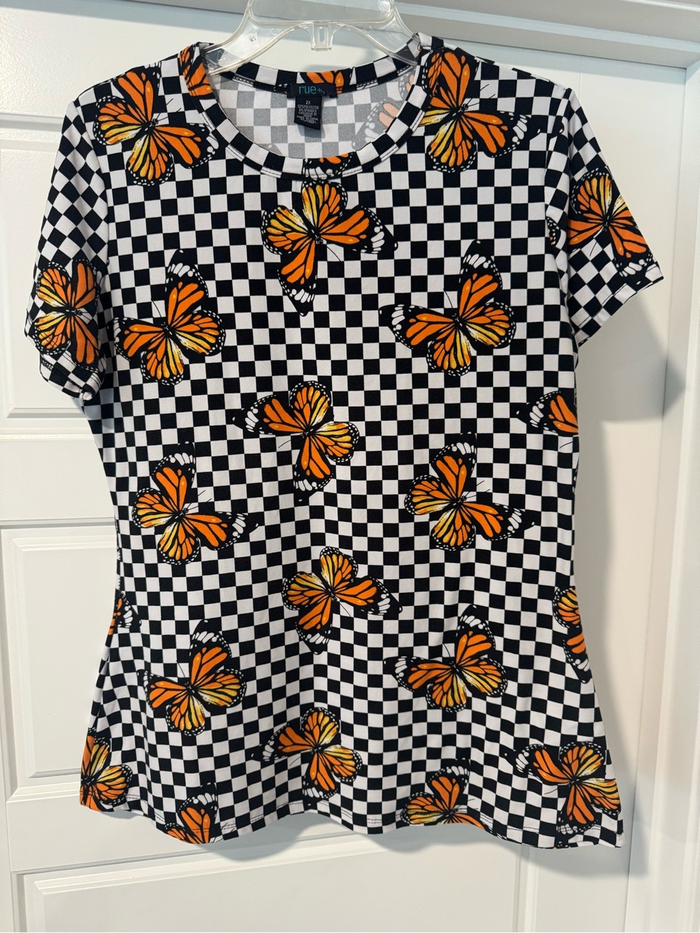 rue21 Black & White Checkered Short Sleeve Tee with Orange Butterfly Print